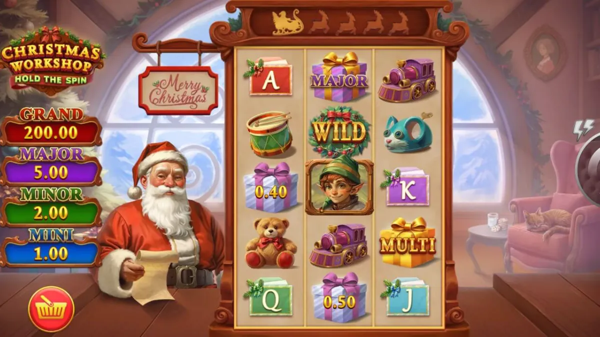 Tampilan visual slot Christmas Workshop: Hold The Spin dengan tema Natal yang meriah